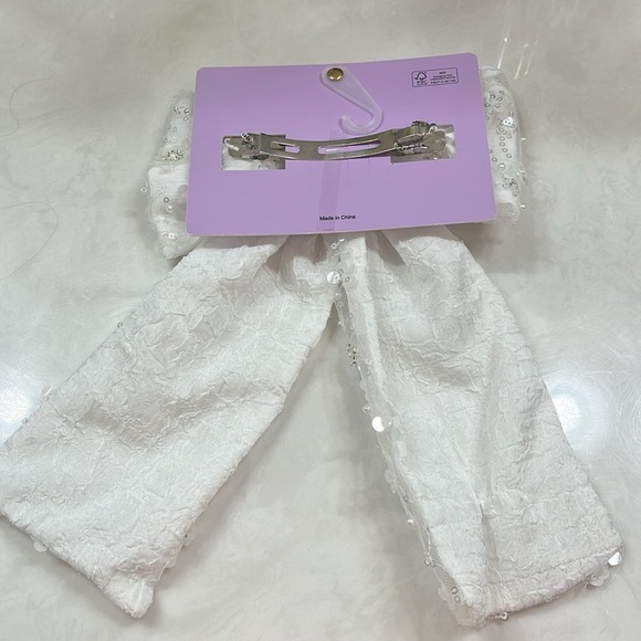 Sunday State Large White Hair Bow, Sequin, Pearl, Flower Detail - Picture 3 of 6